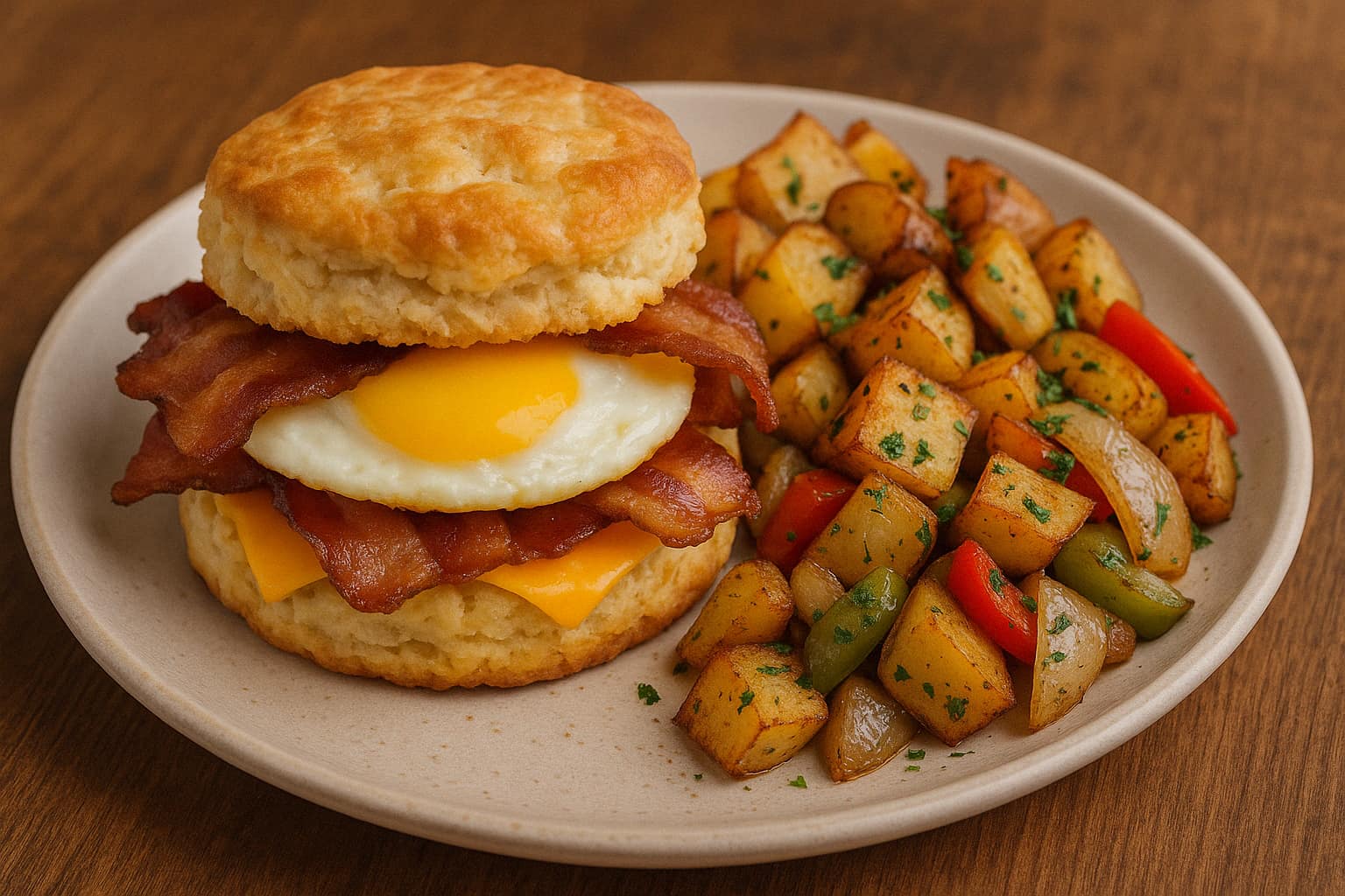 Brunch plate with a biscuit, egg, bacon, and roasted potatoes.